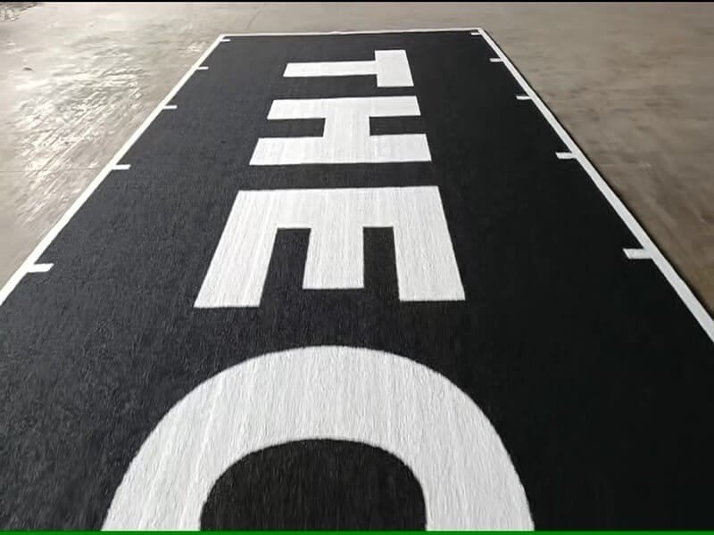 Macro view showing the difference between durable inlaid synthetic turf fibers and surface-level painted gym markings